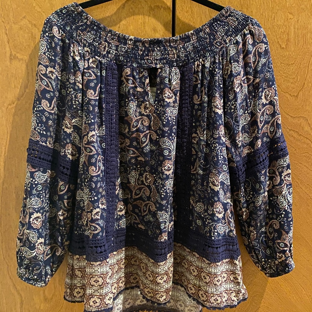 Navy And Pink Paisley Off The Shoulder Top